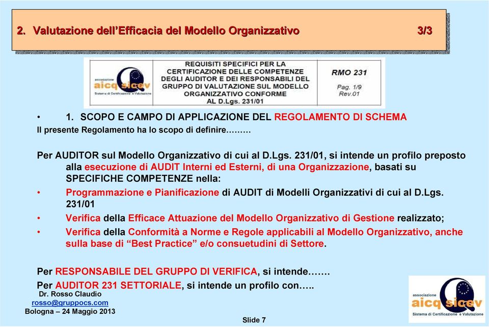 231/01, si intende un profilo preposto alla esecuzione di AUDIT Interni ed Esterni, di una Organizzazione, basati su SPECIFICHE COMPETENZE nella: Programmazione e Pianificazionedi AUDIT di Modelli