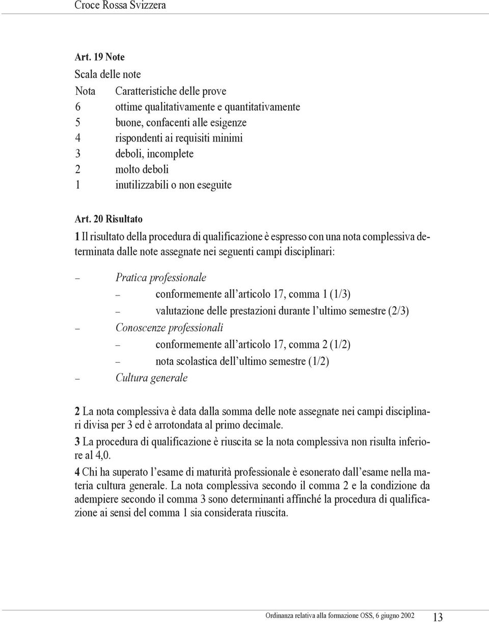 20 Risultato 1 Il risultato della procedura di qualificazione è espresso con una nota complessiva determinata dalle note assegnate nei seguenti campi disciplinari: Pratica professionale conformemente