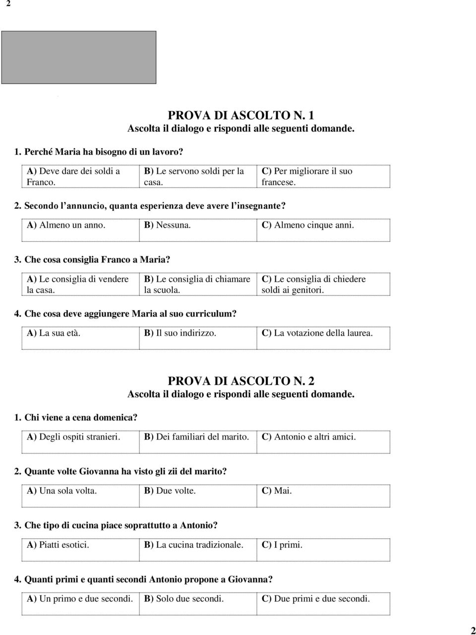 A) Le consiglia di vendere la casa. B) Le consiglia di chiamare la scuola. C) Le consiglia di chiedere soldi ai genitori. 4. Che cosa deve aggiungere Maria al suo curriculum? A) La sua età.