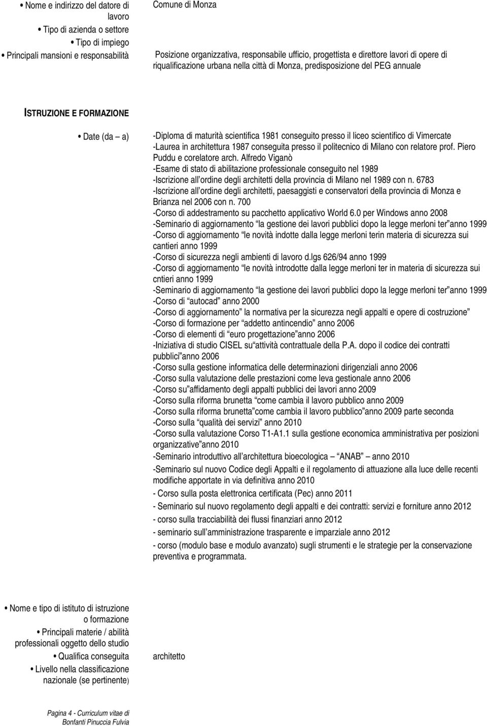 il liceo scientifico di Vimercate -Laurea in architettura 1987 conseguita presso il politecnico di Milano con relatore prof. Piero Puddu e corelatore arch.