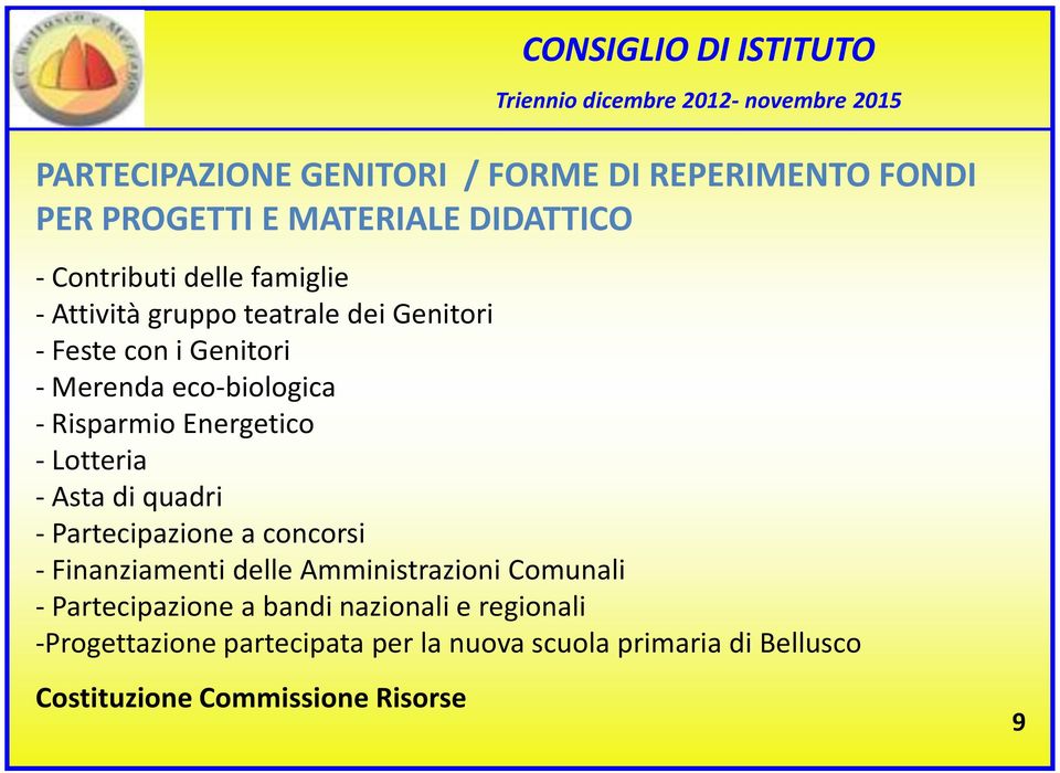 - Lotteria - Asta di quadri - Partecipazione a concorsi - Finanziamenti delle Amministrazioni Comunali - Partecipazione a