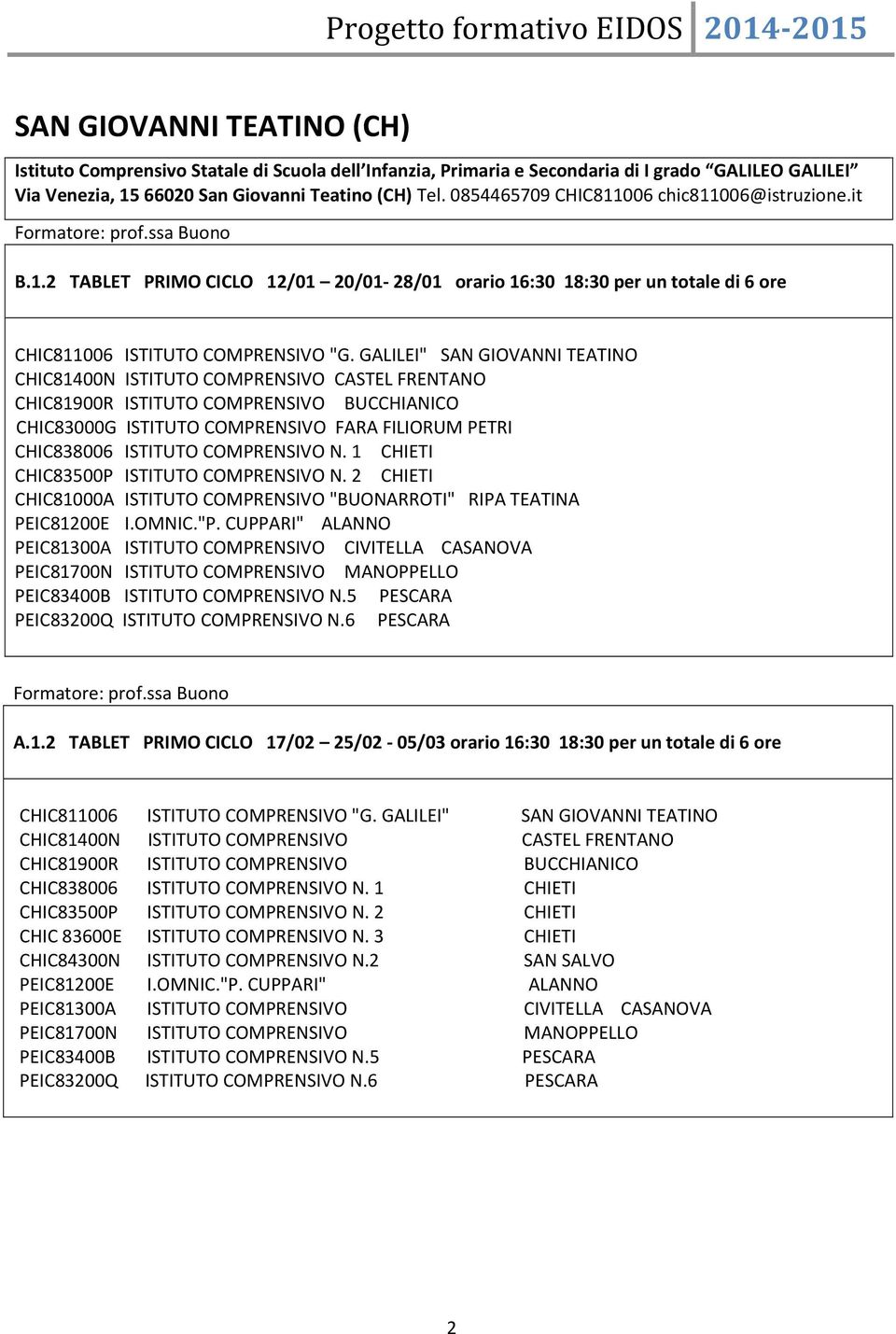 GALILEI" SAN GIOVANNI TEATINO CHIC81400N ISTITUTO COMPRENSIVO CASTEL FRENTANO CHIC81900R ISTITUTO COMPRENSIVO BUCCHIANICO CHIC83000G ISTITUTO COMPRENSIVO FARA FILIORUM PETRI CHIC838006 ISTITUTO