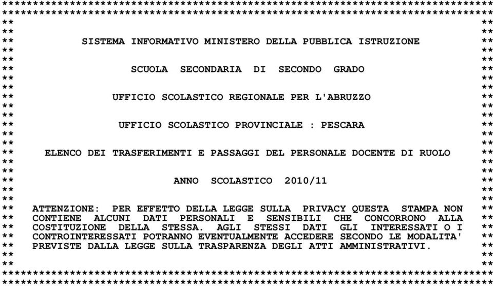 : PESCARA ** ** ** ** ** ** ELENCO DEI TRASFERIMENTI E PASSAGGI DEL PERSONALE DOCENTE DI RUOLO ** ** ** ** ** ** ANNO SCOLASTICO 2010/11 ** ** ** ** ** ** ATTENZIONE: PER EFFETTO DELLA LEGGE SULLA