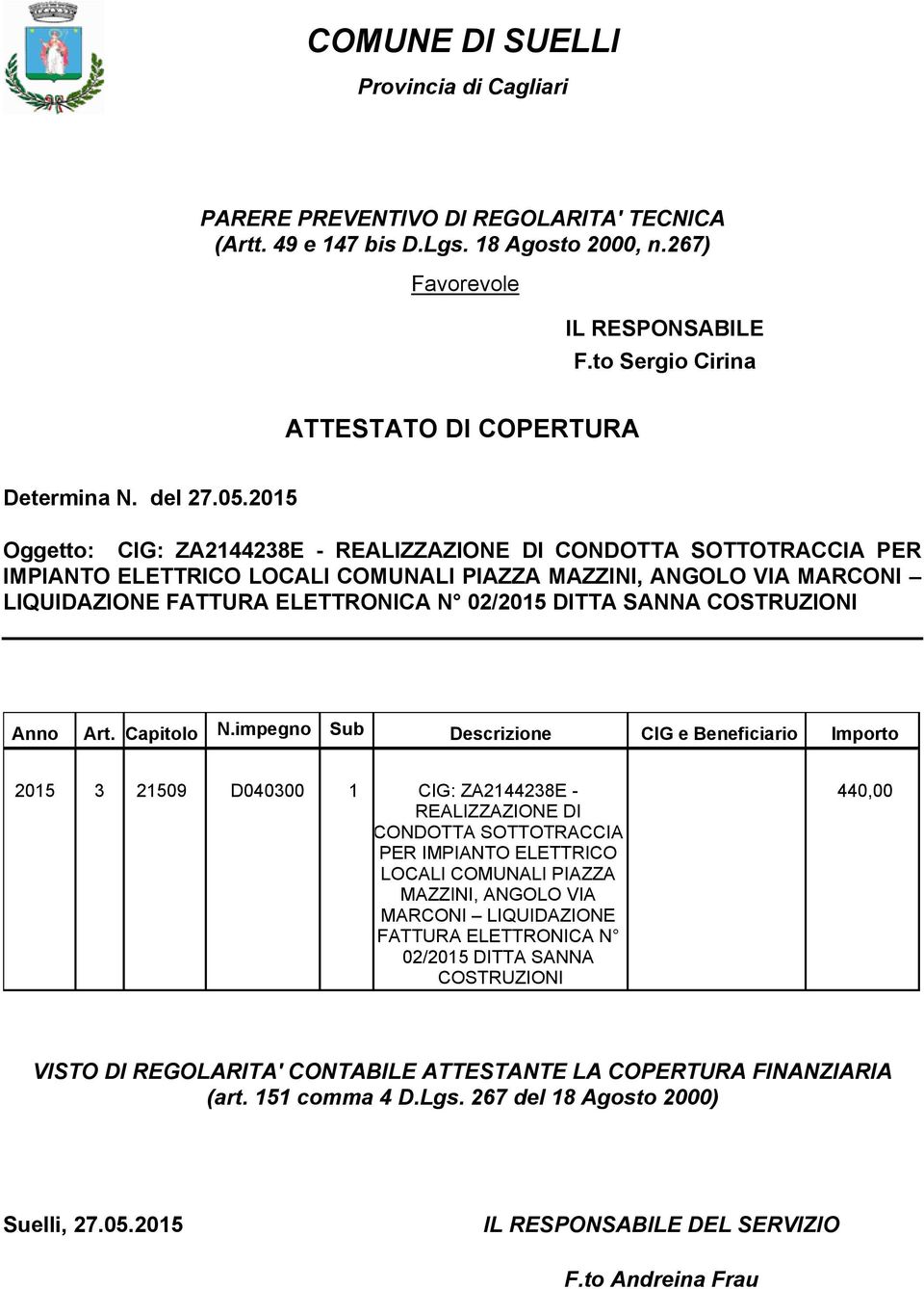 2015 Oggetto: CIG: ZA2144238E - REALIZZAZIONE DI CONDOTTA SOTTOTRACCIA PER IMPIANTO ELETTRICO LOCALI COMUNALI PIAZZA MAZZINI, ANGOLO VIA MARCONI LIQUIDAZIONE FATTURA ELETTRONICA N 02/2015 DITTA SANNA