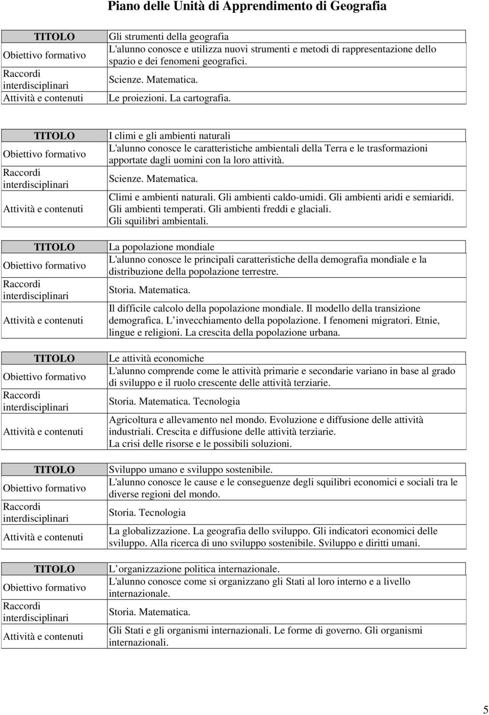 Scienze. Matematica. Climi e ambienti naturali. Gli ambienti caldo-umidi. Gli ambienti aridi e semiaridi. Gli ambienti temperati. Gli ambienti freddi e glaciali. Gli squilibri ambientali.