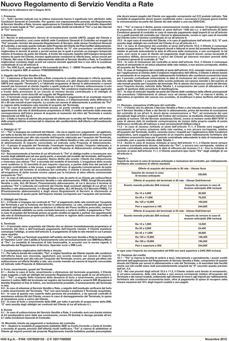 Per quanto non espressamente previsto nel Regolamento di Servizio Vendita a Rate, trovano applicazione le Condizioni Generali di Contratto disponibili presso la sede legale di Tre, presso i punti