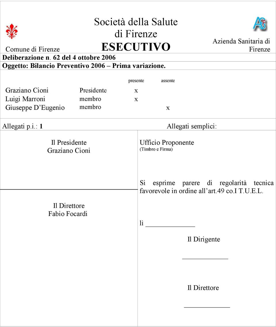 Azienda Sanitaria di Firenze presente assente Graziano Cioni Presidente x Luigi Marroni membro x Giuseppe D Eugenio membro x