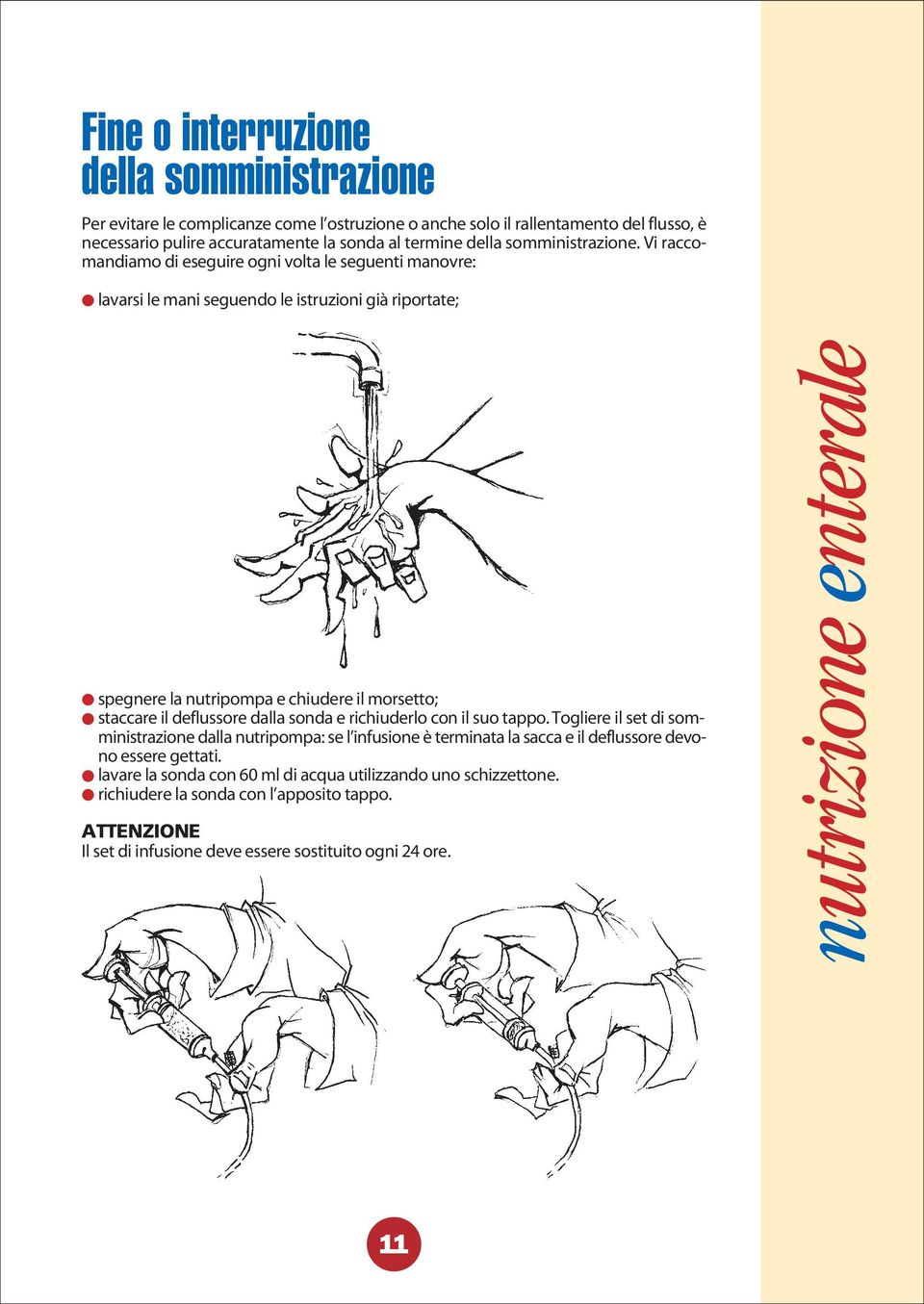 Vi raccomandiamo di eseguire ogni volta le seguenti manovre: lavarsi le mani seguendo le istruzioni già riportate; spegnere la nutripompa e chiudere il morsetto; staccare il deflussore