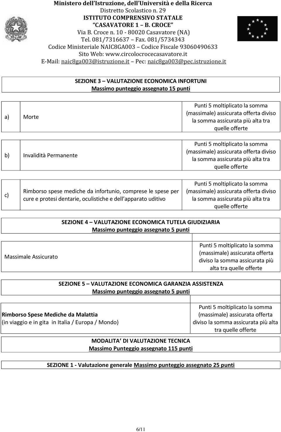 comprese le spese per cure e protesi dentarie, oculistiche e dell apparato uditivo Punti 5 moltiplicato la somma (massimale) assicurata offerta diviso la somma assicurata più alta tra quelle offerte