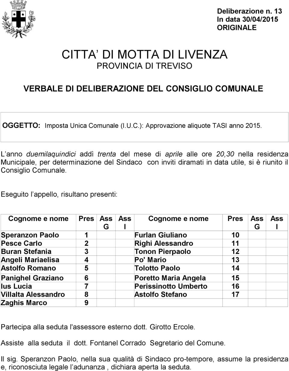 Eseguito l appello, risultano presenti: Cognome e nome Pres Ass G Ass I Cognome e nome Pres Ass G Speranzon Paolo 1 Furlan Giuliano 10 Pesce Carlo 2 Righi Alessandro 11 Buran Stefania 3 Tonon