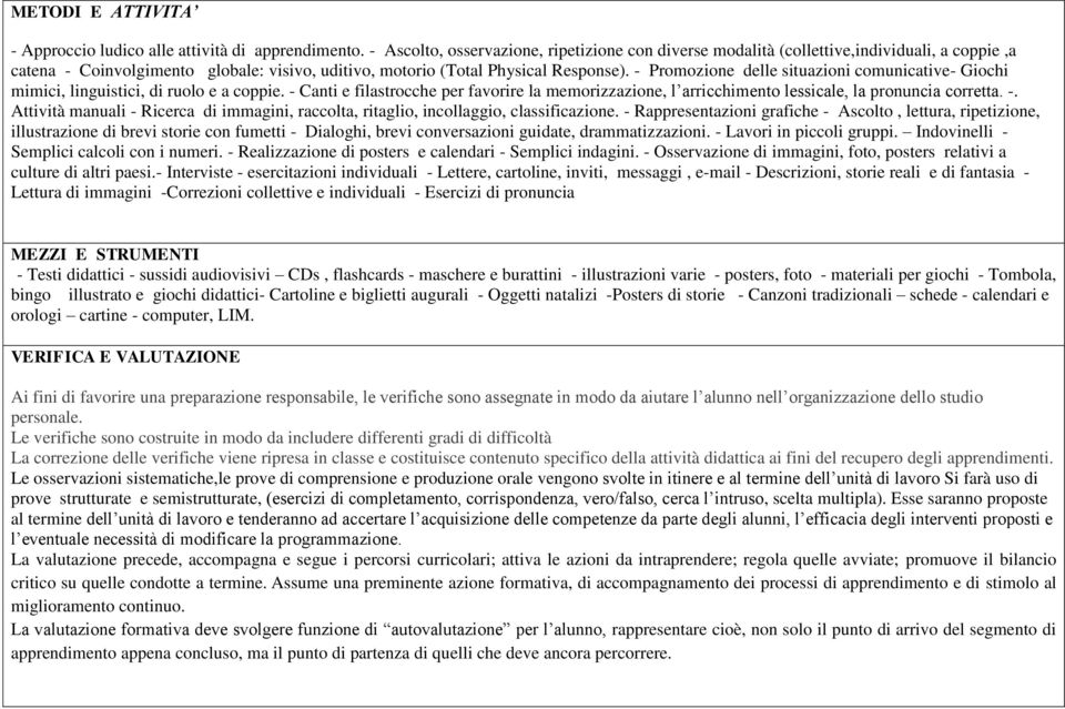 - Promozione delle situazioni comunicative- Giochi mimici, linguistici, di ruolo e a coppie. - Canti e filastrocche per favorire la memorizzazione, l arricchimento lessicale, la pronuncia corretta. -. Attività manuali - Ricerca di immagini, raccolta, ritaglio, incollaggio, classificazione.