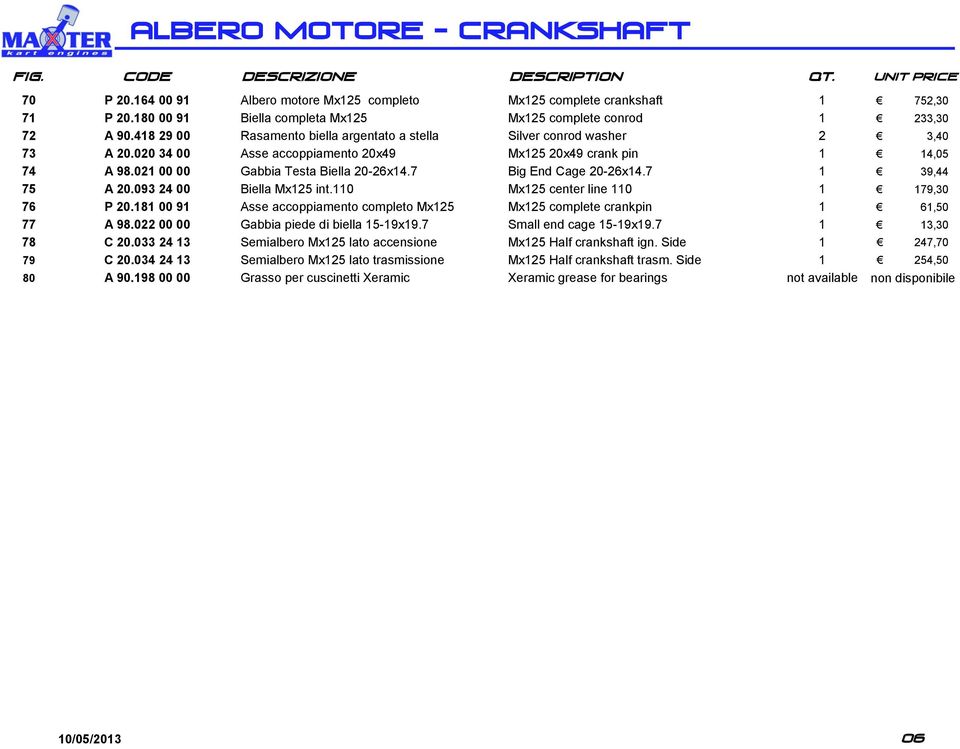 020 34 00 Asse accoppiamento 20x49 Mx125 20x49 crank pin 1 14,05 74 A 98.021 00 00 Gabbia Testa Biella 20-26x14.7 Big End Cage 20-26x14.7 1 39,44 75 A 20.093 24 00 Biella Mx125 int.