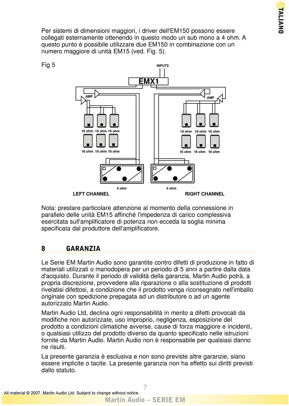 Fig 5 INPUTS EMX1 16 ohm 16 ohm 16 ohm 16 ohm 16 ohm 16 ohm 16 ohm 16 ohm 16 ohm 16 ohm 16 ohm 16 ohm LEFT CHANNEL 4 ohm 4 ohm RIGHT CHANNEL Nota: prestare particolare attenzione al momento della