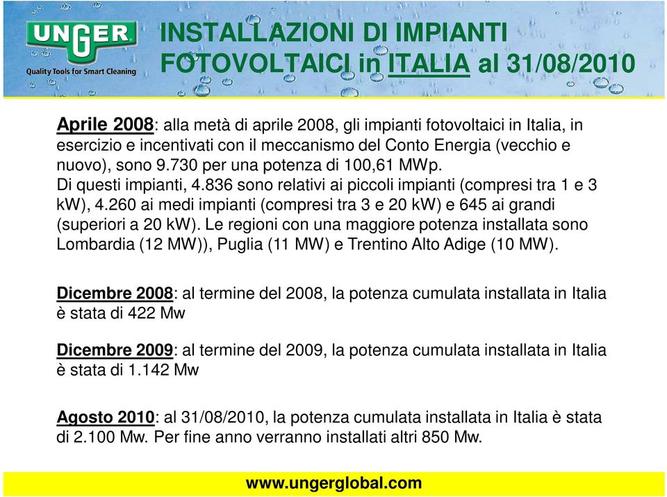 260 ai medi impianti (compresi tra 3 e 20 kw) e 645 ai grandi (superiori a 20 kw). Le regioni con una maggiore potenza installata sono Lombardia (12 MW)), Puglia (11 MW) e Trentino Alto Adige (10 MW).