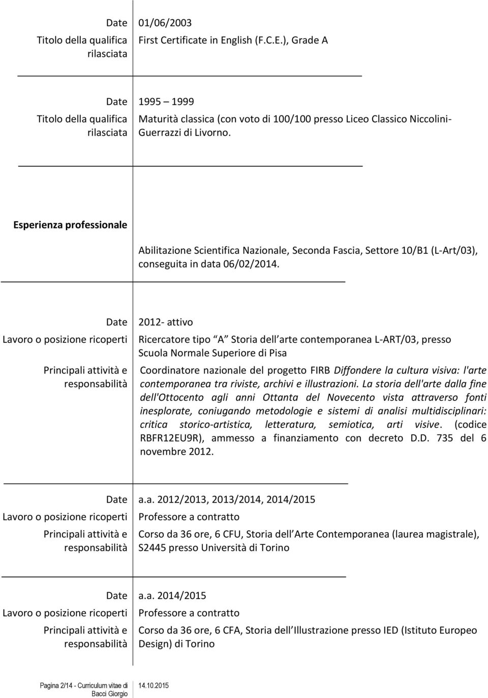 Esperienza professionale Abilitazione Scientifica Nazionale, Seconda Fascia, Settore 10/B1 (L-Art/03), conseguita in data 06/02/2014.