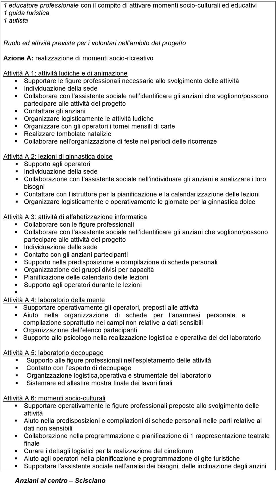 Collaborare con l assistente sociale nell identificare gli anziani che vogliono/possono partecipare alle attività del progetto Contattare gli anziani Organizzare logisticamente le attività ludiche