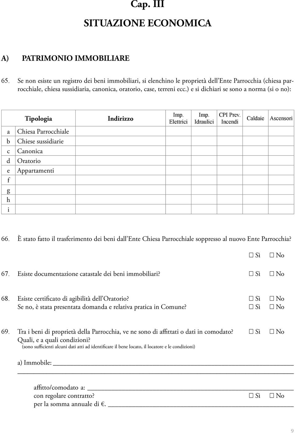 ) e si dichiari se sono a norma (si o no): Tipologia a Chiesa Parrocchiale b Chiese sussidiarie c Canonica d Oratorio e Appartamenti f g h i Indirizzo Imp. Elettrici Imp. Idraulici CPI Prev.