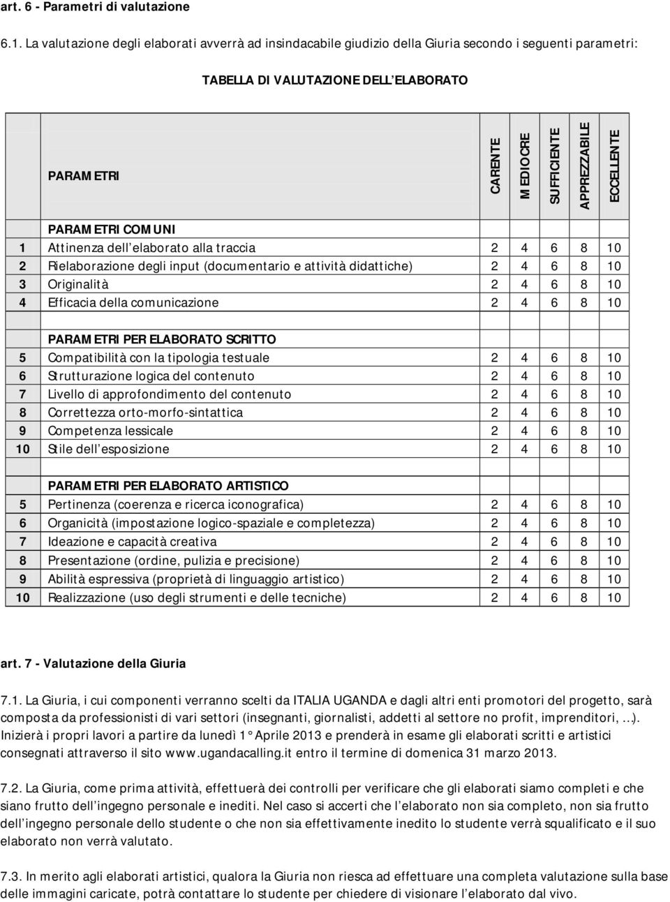 ECCELLENTE PARAMETRI COMUNI 1 Attinenza dell elaborato alla traccia 2 4 6 8 10 2 Rielaborazione degli input (documentario e attività didattiche) 2 4 6 8 10 3 Originalità 2 4 6 8 10 4 Efficacia della