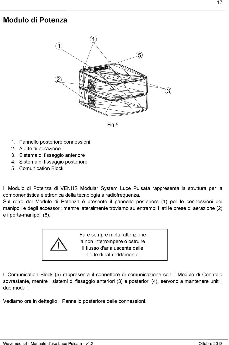 Sul retro del Modulo di Potenza è presente il pannello posteriore (1) per le connessioni dei manipoli e degli accessori; mentre lateralmente troviamo su entrambi i lati le prese di aerazione (2) e i