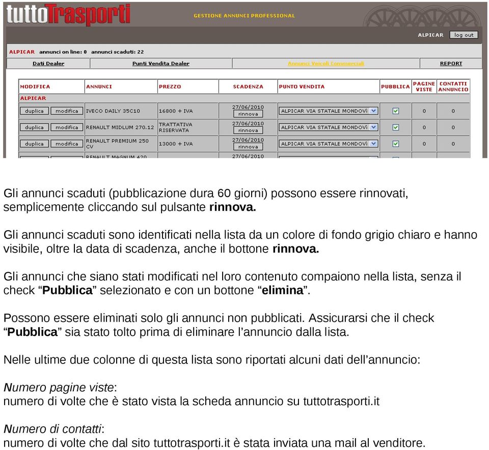 Gli annunci che siano stati modificati nel loro contenuto compaiono nella lista, senza il check Pubblica selezionato e con un bottone elimina. Possono essere eliminati solo gli annunci non pubblicati.