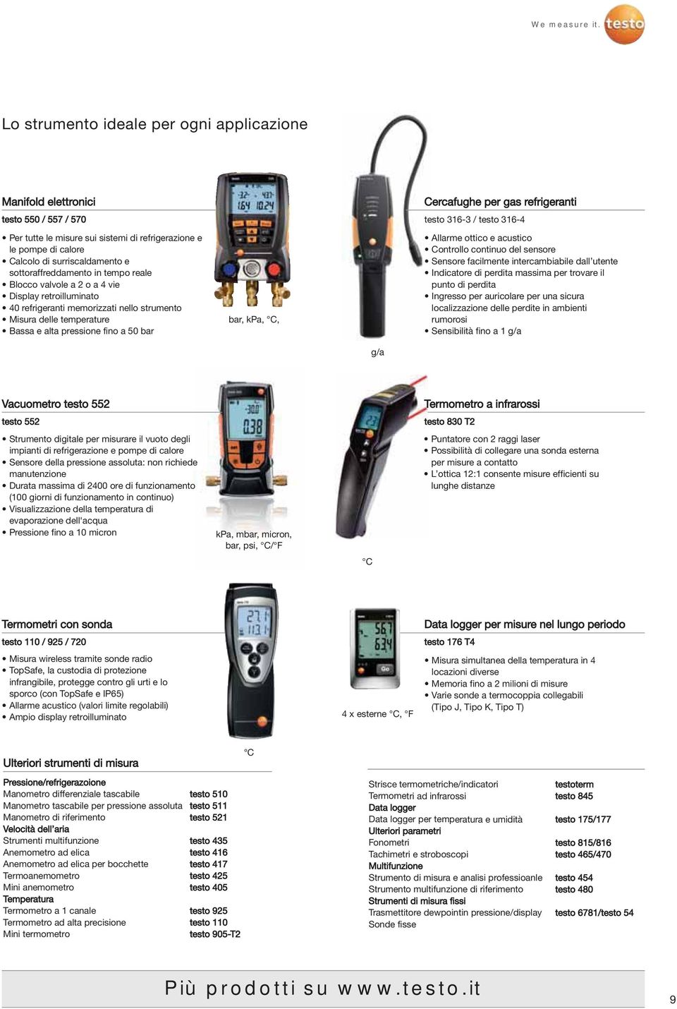 sottoraffreddamento in tempo reale Blocco valvole a 2 o a 4 vie Display retroilluminato 40 refrigeranti memorizzati nello strumento Misura delle temperature Bassa e alta pressione fino a 50 bar bar,