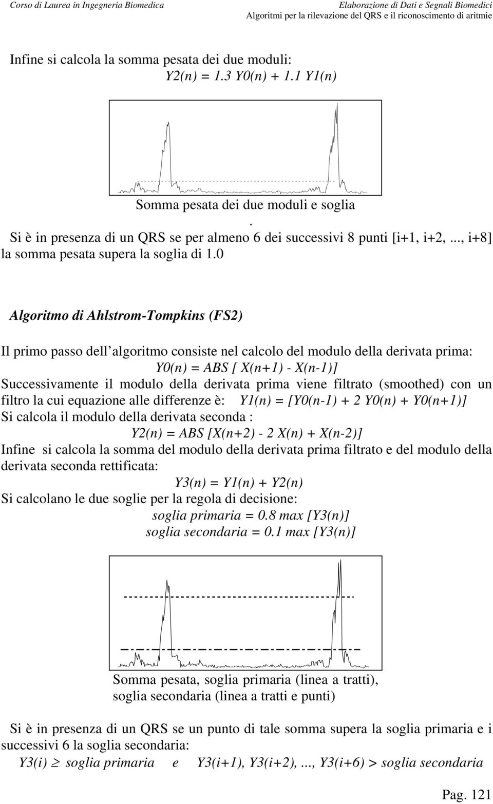 0 Algoritmo di Ahlstrom-Tompkins (FS2) Il primo passo dell algoritmo consiste nel calcolo del modulo della derivata prima: Y0(n) = ABS [ X(n+1) - X(n-1)] Successivamente il modulo della derivata