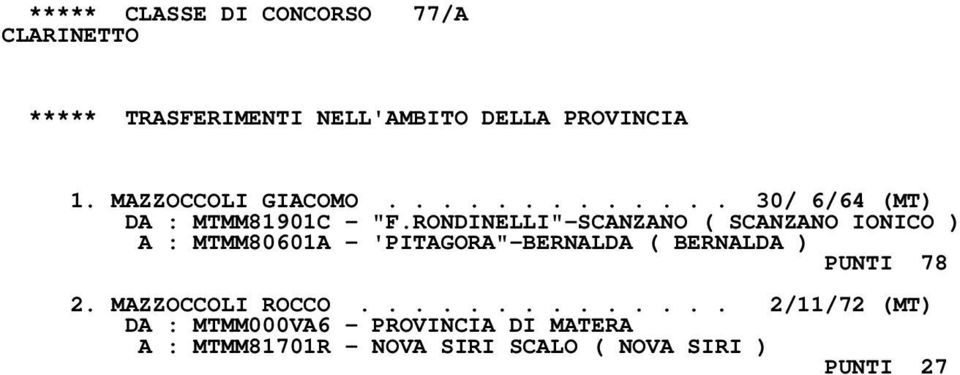 RONDINELLI"-SCANZANO ( SCANZANO IONICO ) A : MTMM80601A - 'PITAGORA"-BERNALDA