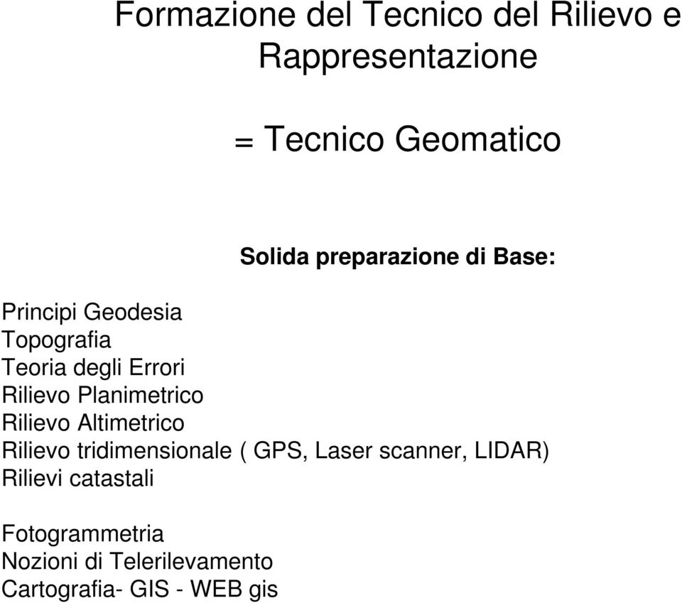 Planimetrico Rilievo Altimetrico Rilievo tridimensionale ( GPS, Laser scanner,