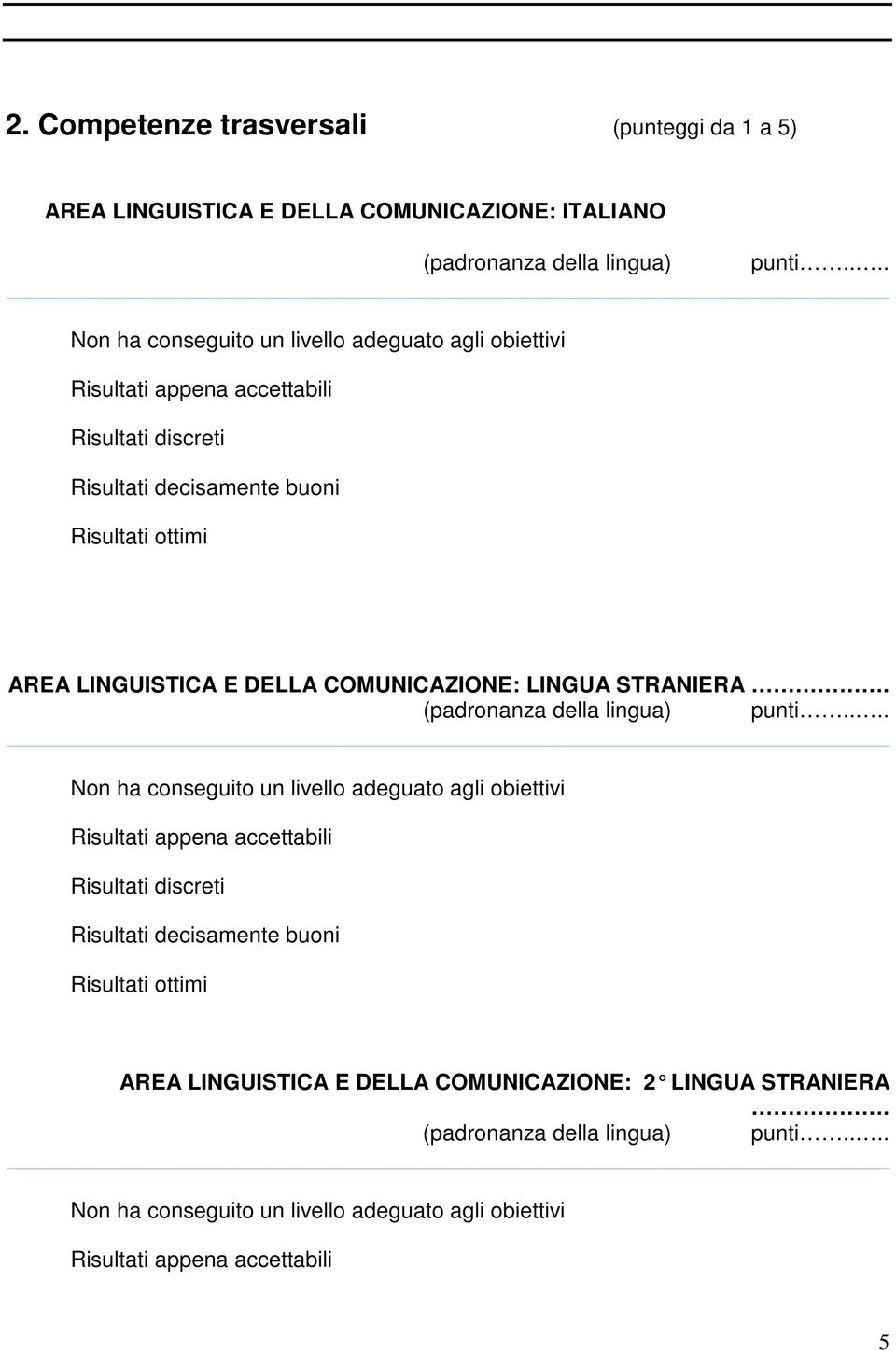 DELLA COMUNICAZIONE: LINGUA STRANIERA. (padronanza della lingua) punti. DELLA COMUNICAZIONE: 2 LINGUA STRANIERA. (padronanza della lingua) punti.... Non ha conseguito un livello adeguato agli obiettivi Risultati appena accettabili 5