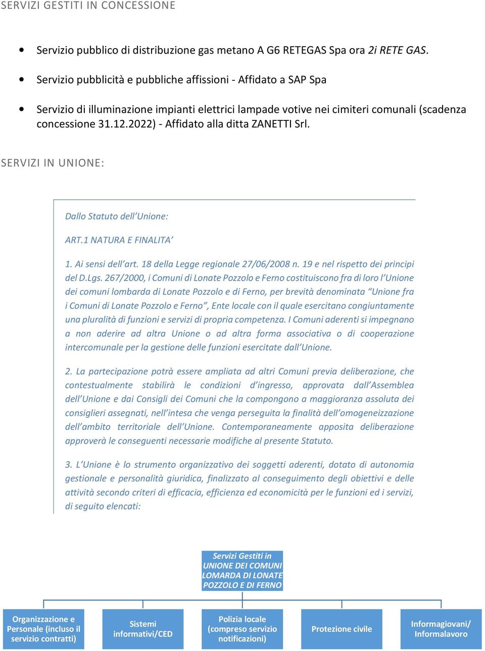 2022) - Affidato alla ditta ZANETTI Srl. SERVIZI IN UNIONE: Dallo Statuto dell Unione: ART.1 NATURA E FINALITA 1. Ai sensi dell art. 18 della Legge regionale 27/06/2008 n.