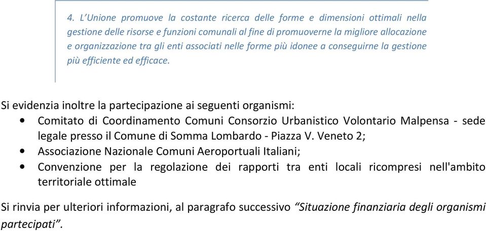 Si evidenzia inoltre la partecipazione ai seguenti organismi: Comitato di Coordinamento Comuni Consorzio Urbanistico Volontario Malpensa - sede legale presso il Comune di Somma Lombardo -