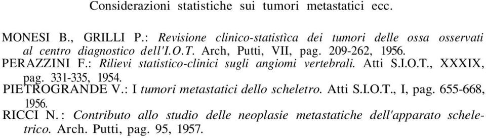 209-262, 1956. PERAZZINI F.: Rilievi statistico-clinici sugli angiomi vertebrali. Atti S.I.O.T., XXXIX, pag. 331-335, 1954.