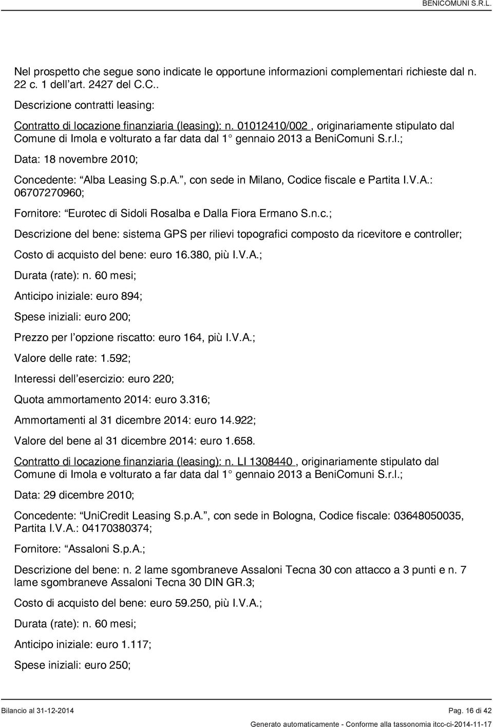 01012410/002, originariamente stipulato dal Comune di Imola e volturato a far data dal 1 gennaio 2013 a BeniComuni S.r.l.; Data: 18 novembre 2010; Concedente: Al