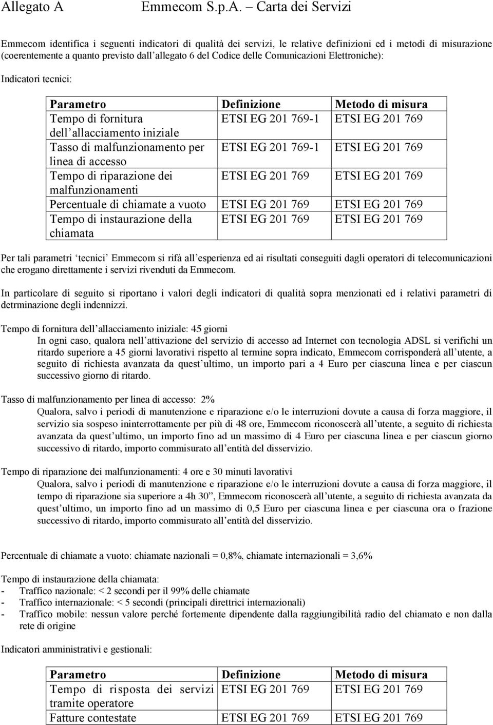 Tasso di malfunzionamento per ETSI EG 201 769-1 ETSI EG 201 769 linea di accesso Tempo di riparazione dei ETSI EG 201 769 ETSI EG 201 769 malfunzionamenti Percentuale di chiamate a vuoto ETSI EG 201