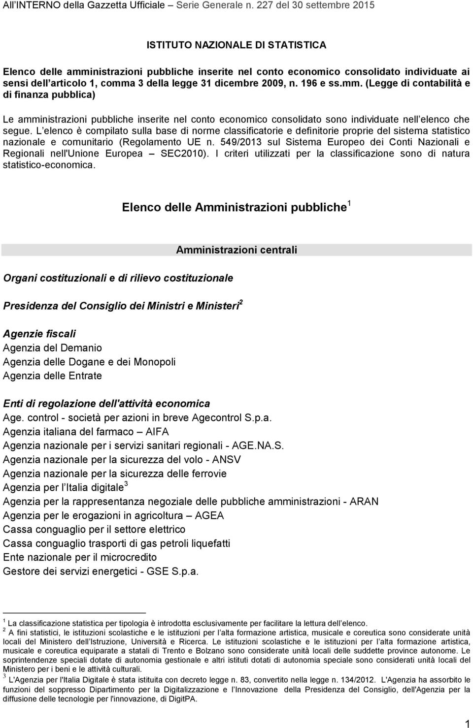 dicembre 2009, n. 196 e ss.mm. (Legge di contabilità e di finanza pubblica) Le amministrazioni pubbliche inserite nel conto economico consolidato sono individuate nell elenco che segue.