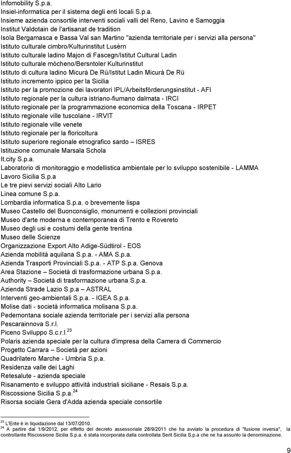 ica per il sistema degli enti locali S.p.a. Insieme azienda consortile interventi sociali valli del Reno, Lavino e Samoggia Institut Valdotain de l'artisanat de tradition Isola Bergamasca e Bassa Val