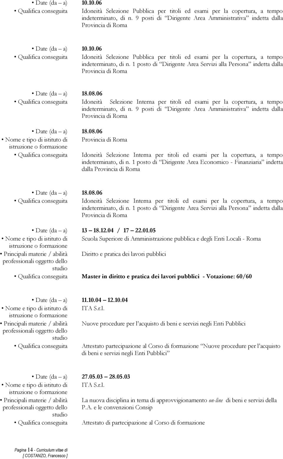 06 Qualifica conseguita Idoneità Selezione Interna per titoli ed esami per la copertura, a tempo indeterminato, di n.