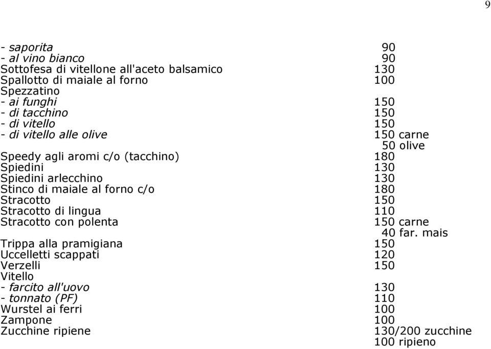 Stinco di maiale al forno c/o 180 Stracotto 150 Stracotto di lingua 110 Stracotto con polenta Trippa alla pramigiana 150 Uccelletti scappati 120