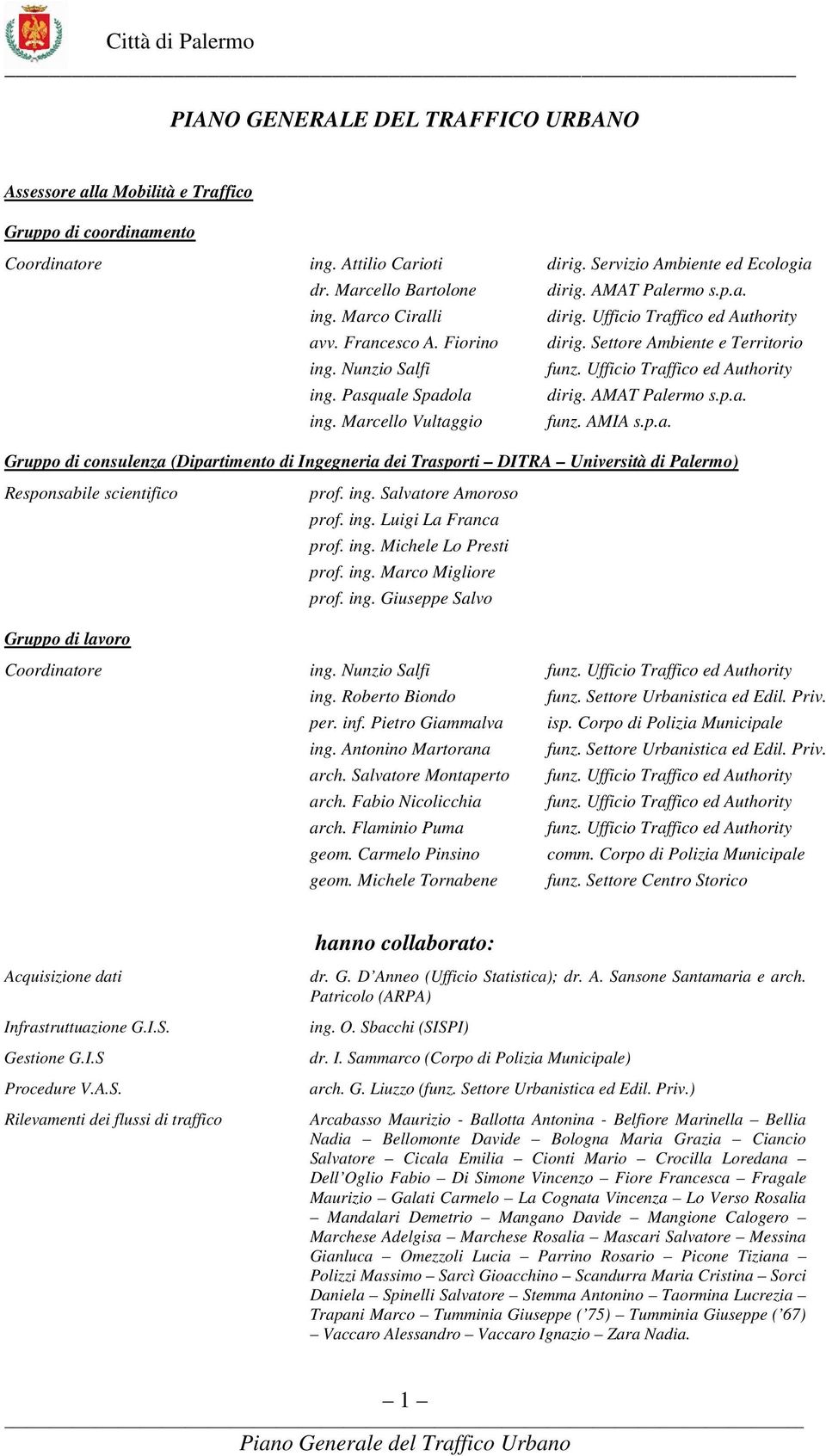 Pasquale Spadola dirig. AMAT Palermo s.p.a. ing. Marcello Vultaggio funz. AMIA s.p.a. Gruppo di consulenza (Dipartimento di Ingegneria dei Trasporti DITRA Università di Palermo) Responsabile scientifico prof.