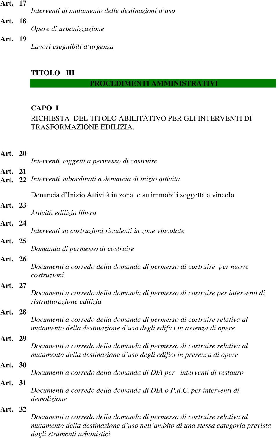 20 Interventi soggetti a permesso di costruire Art. Art. 21 22 Interventi subordinati a denuncia di inizio attività Denuncia d Inizio Attività in zona o su immobili soggetta a vincolo Art.