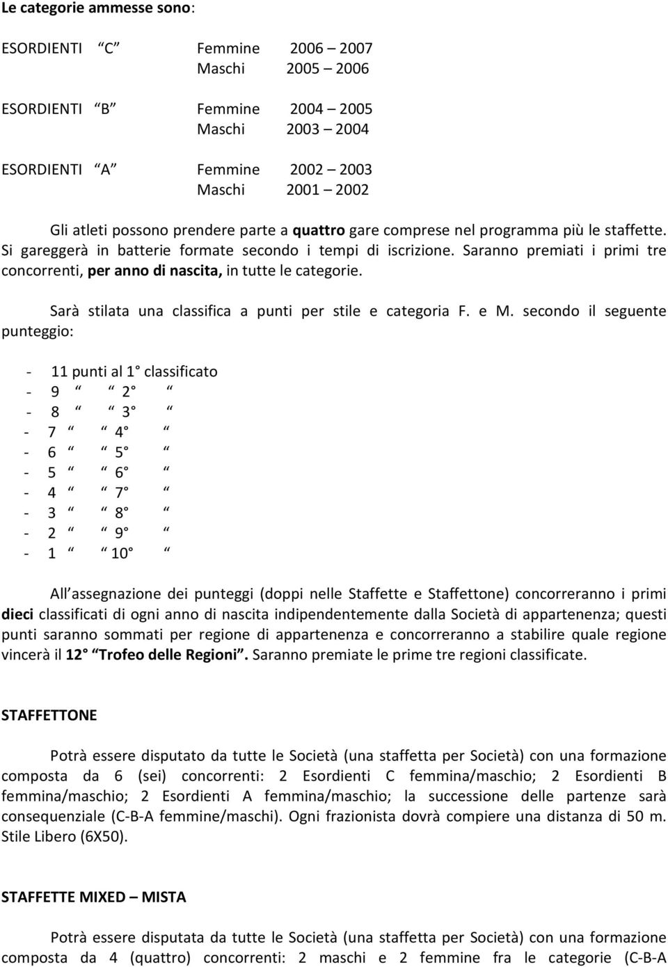 Saranno premiati i primi tre concorrenti, per anno di nascita, in tutte le categorie. Sarà stilata una classifica a punti per stile e categoria F. e M.