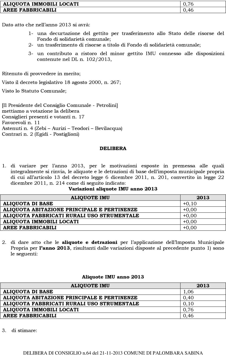 102/2013, Ritenuto di provvedere in merito; Visto il decreto legislativo 18 agosto 2000, n.