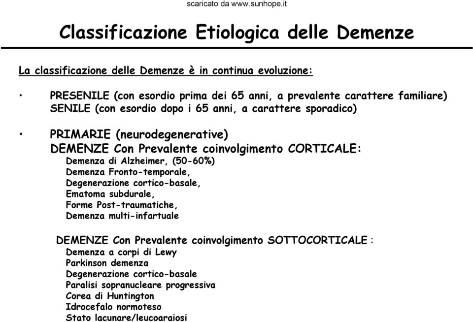 (50-60%) Demenza Fronto-temporale, Degenerazione cortico-basale, Ematoma subdurale, Forme Post-traumatiche, Demenza multi-infartuale DEMENZE Con Prevalente coinvolgimento