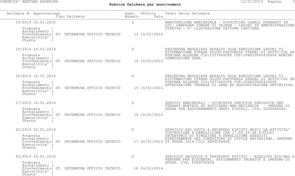 2014 15/2014 16.01.2014 S PROCEDURA NEGOZIATA APPALTO SOLA ESECUZIONE LAVORI DI SISTEMAZIONE STRADA SILVO-PASTORALE PRADEL DI SOTTO-COL DE FONTANA ALLEGHE CIG:5337685CFE CUP:J94E10000430006 NOMINA