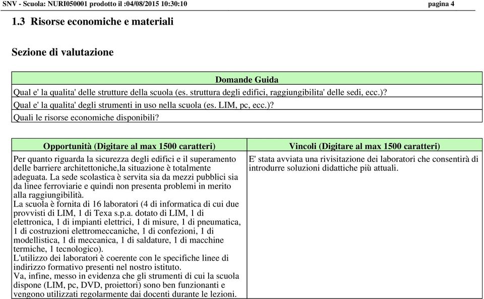 Opportunità (Digitare al max 1500 caratteri) Per quanto riguarda la sicurezza degli edifici e il superamento delle barriere architettoniche,la situazione è totalmente adeguata.