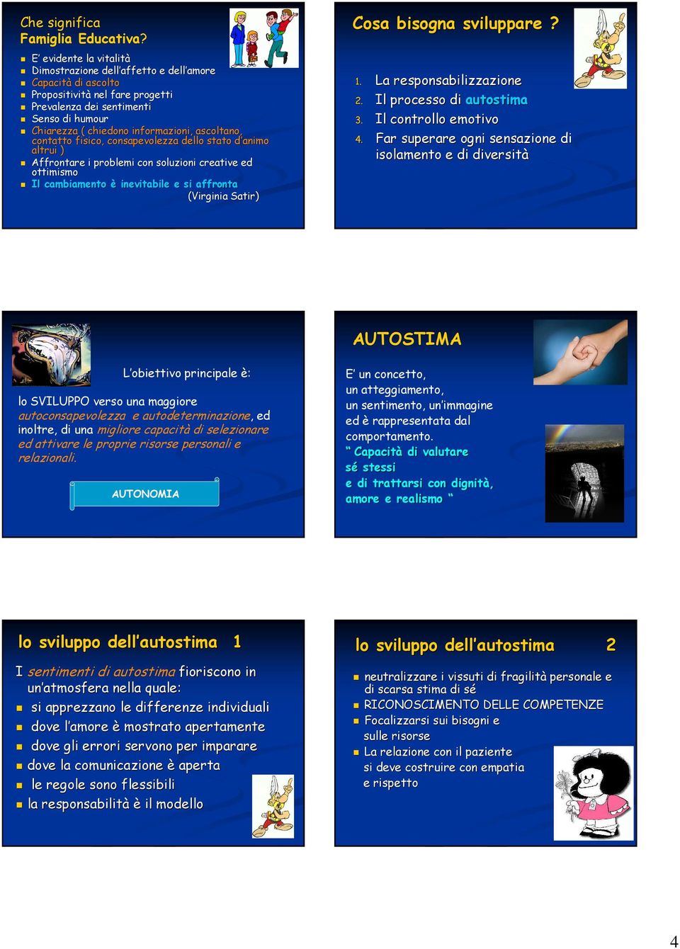 ascoltano, contatto fisico, consapevolezza dello stato d animo d altrui ) Affrontare i problemi con soluzioni creative ed ottimismo Il cambiamento è inevitabile e si affronta (Virginia Satir) Cosa