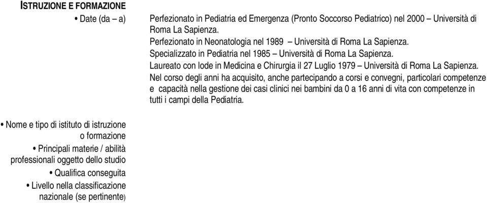 Laureato con lode in Medicina e Chirurgia il 27 Luglio 1979 Università di Roma La Sapienza.