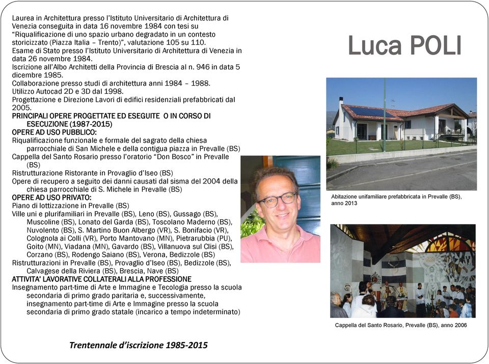 Iscrizione all Albo Architetti della Provincia di Brescia al n. 946 in data 5 dicembre 1985. Collaborazione presso studi di architettura anni 1984 1988. Utilizzo Autocad 2D e 3D dal 1998.