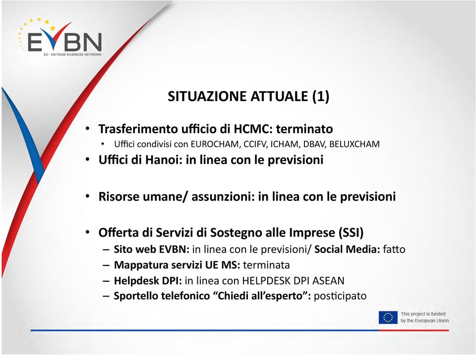 di Servizi di Sostegno alle Imprese (SSI) Sito web EVBN: in linea con le previsioni/ Social Media: faco Mappatura