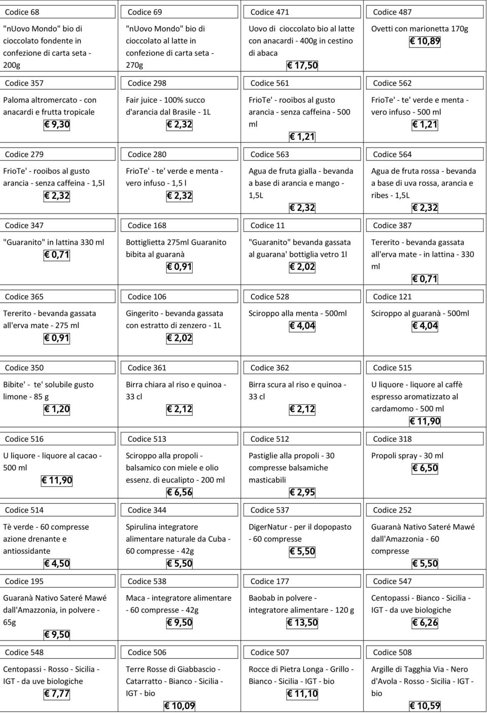 9,30 Fair juice - 100% succo d'arancia dal Brasile - 1L FrioTe' - rooibos al usto arancia - senza caffeina - 500 ml 1,21 FrioTe' - te' verde e menta - vero infuso - 500 ml 1,21 Codice 279 Codice 280